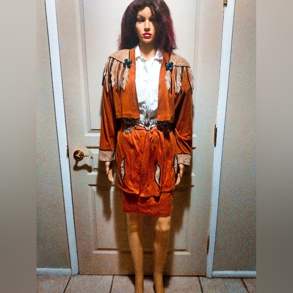 Vintage 90's Native American Leather Bolero Jacket & Skirt Outfit.